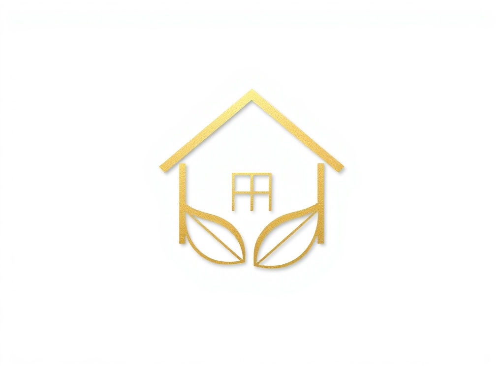Minimalist monoline icon of a house integrated with a leaf, formed by a continuous stroke, gold on white background, elegant and modern.